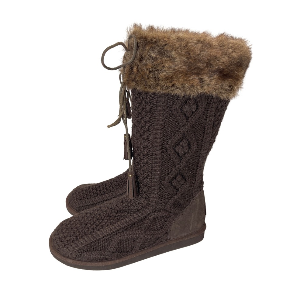 LL Bean Chocolate Brown Cable Knit Cozy Mid-Calf Winter Boots Women's 11